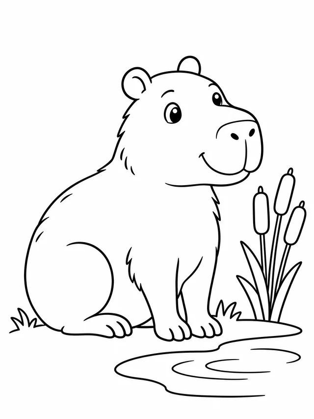 A smiling capybara sitting beside a small pond, three cattails and tufts of grass, drawn in clear black outlines.