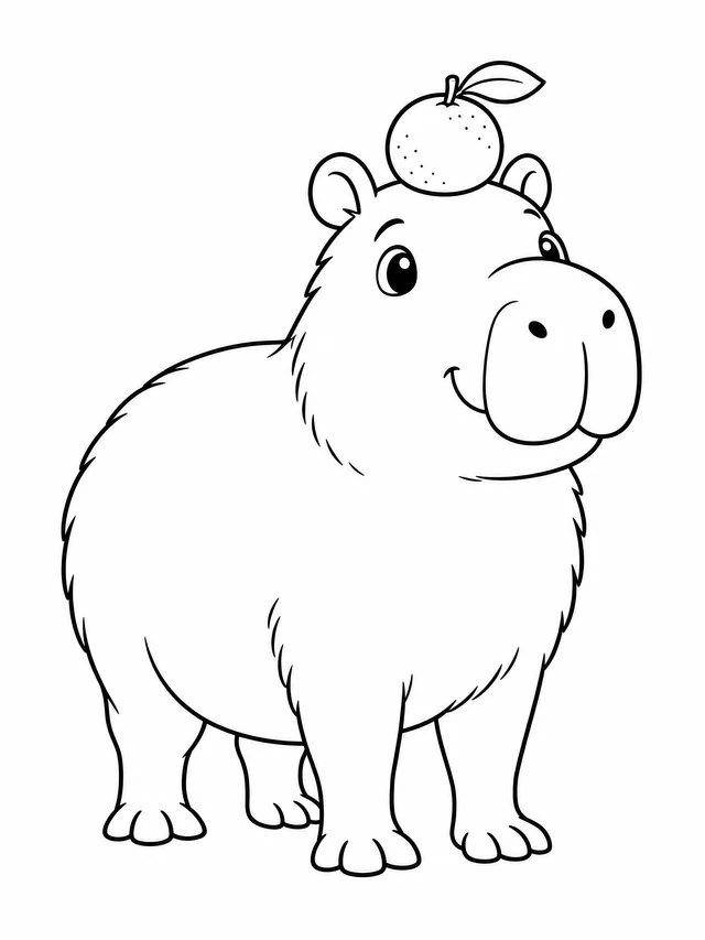 A cheerful capybara standing on four paws with a small orange and leaf balanced on its head, drawn in black outlines.