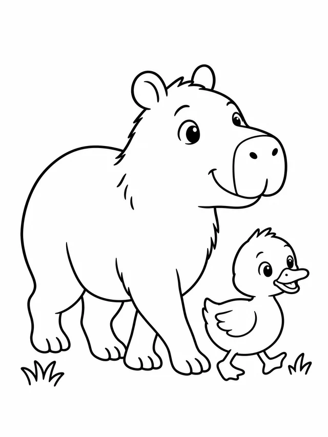 A smiling capybara walking beside a cheerful duckling, with small tufts of grass and large spaces to color.