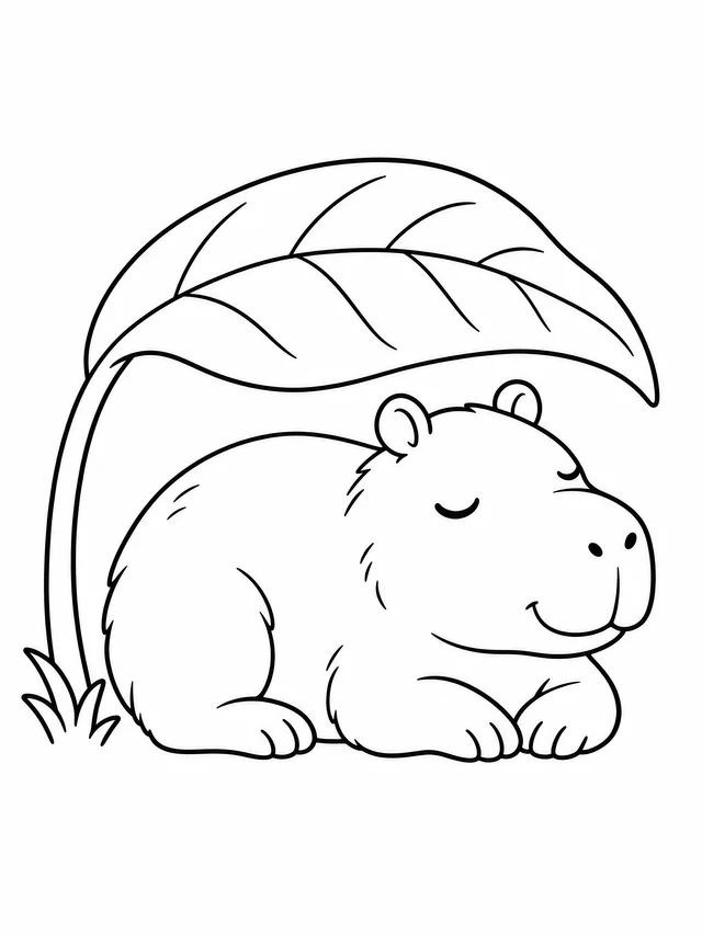A sleepy capybara curled beneath one large arching leaf, with closed eyes and simple bold outlines.