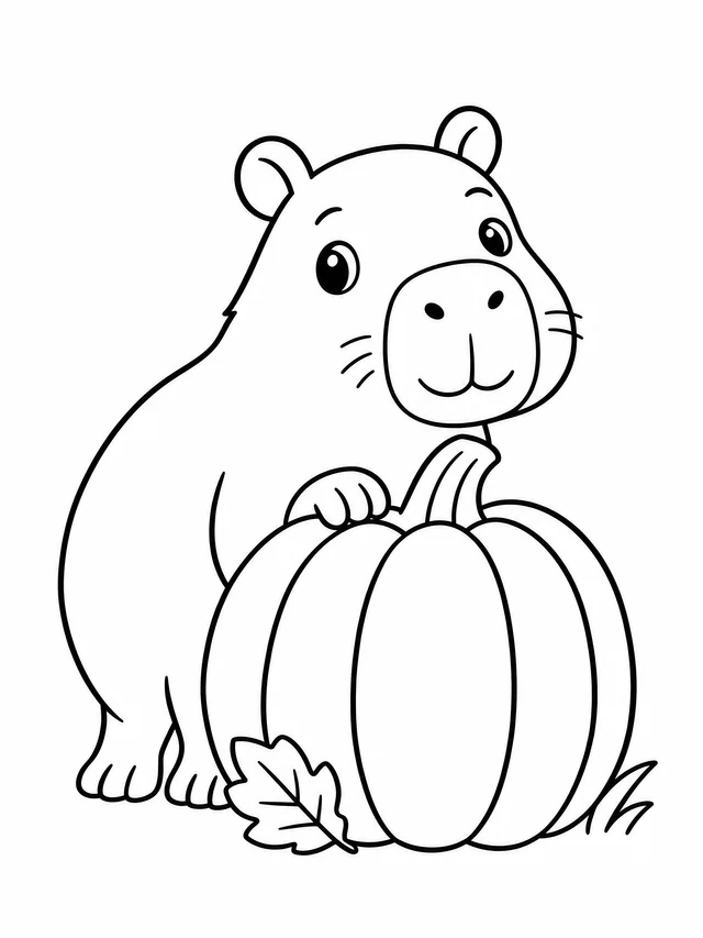 A friendly capybara peeking around a large pumpkin with one paw resting on top and a fallen leaf below.