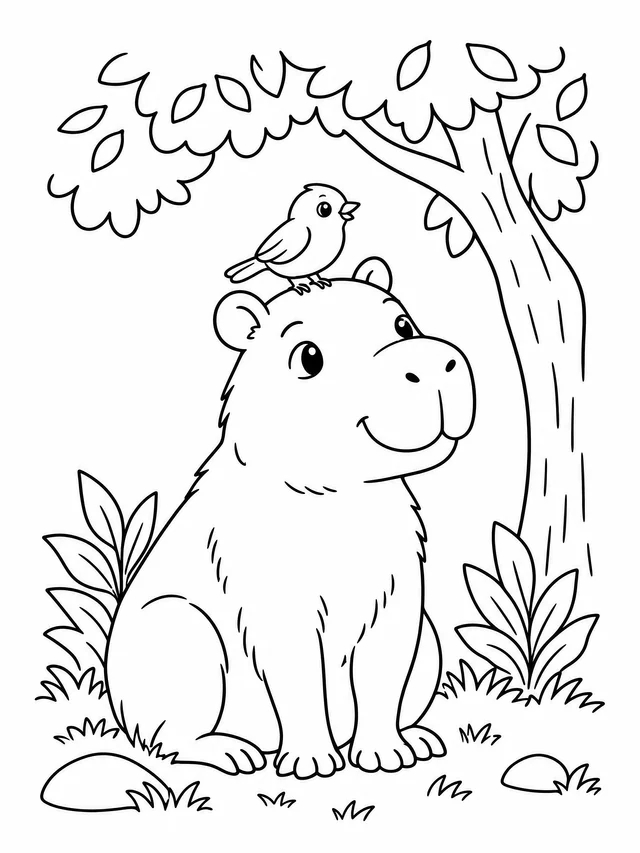 A capybara sitting under a leafy tree with a small bird on its head, surrounded by plants, grass and rounded stones.