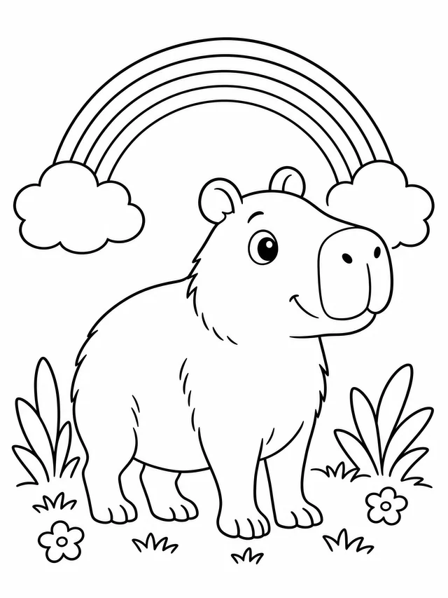 A smiling capybara beneath an outlined rainbow and two fluffy clouds, with flowers and grass around its feet.