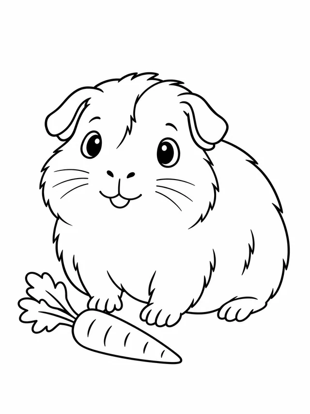 Black outline coloring drawing of a guinea pig sitting beside a carrot, on a plain white background.
