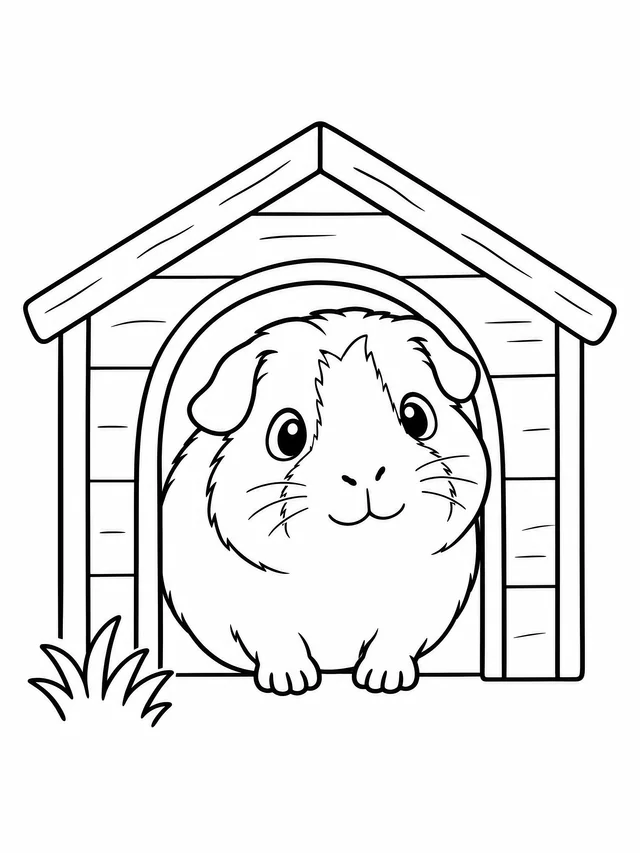 Black outline coloring drawing of a guinea pig peeking out of a little wooden house, on a plain white background.