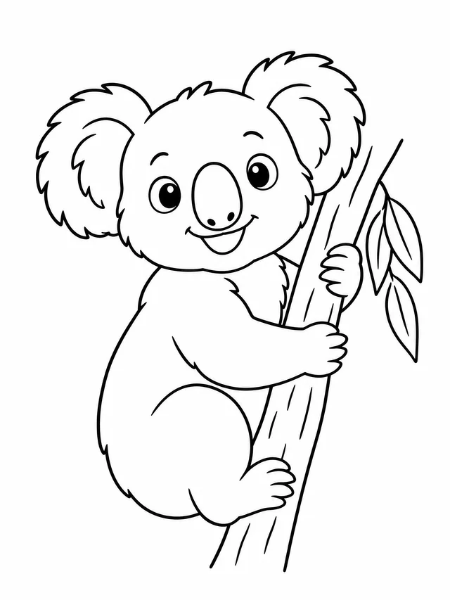 Black outline coloring drawing of a koala hugging a eucalyptus trunk, on a plain white background.