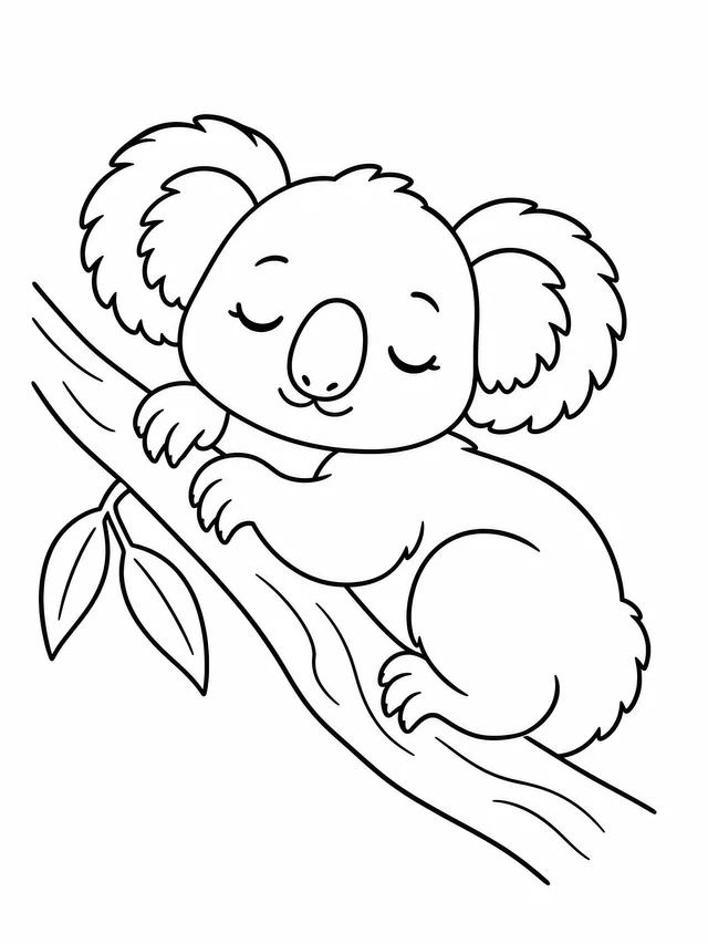 Black outline coloring drawing of a koala sleeping on a broad branch, on a plain white background.