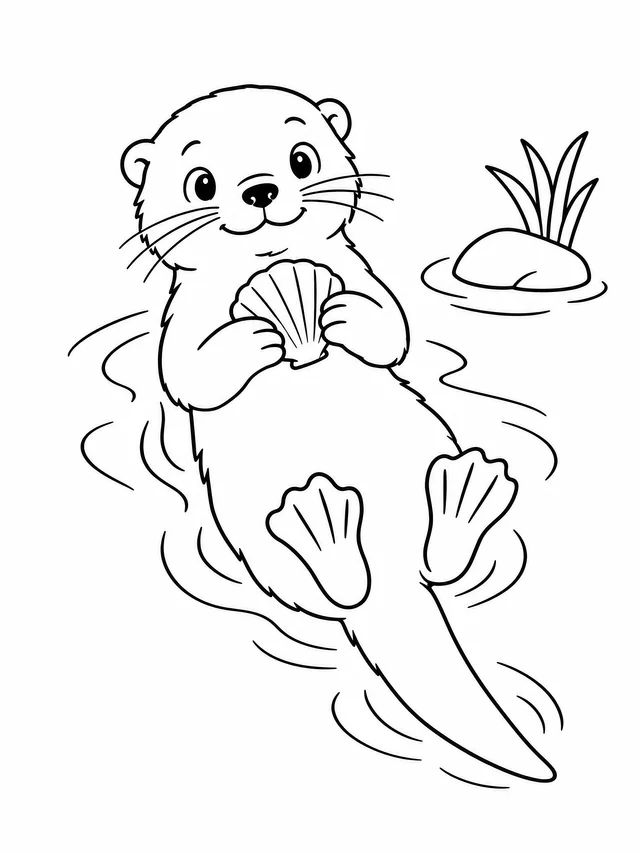 Black outline coloring drawing of a otter floating on its back holding a shell, on a plain white background.