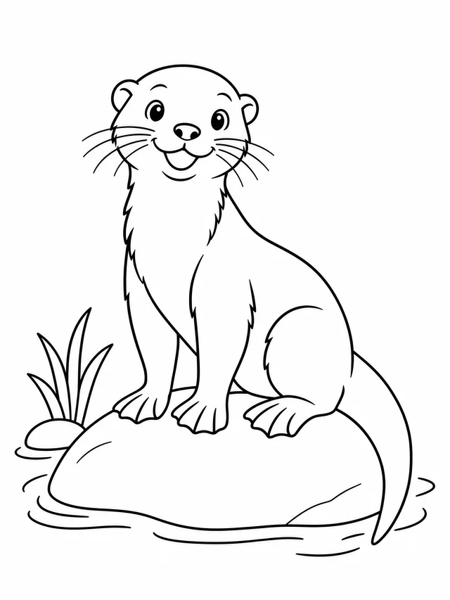 Black outline coloring drawing of a otter sitting on a smooth river rock, on a plain white background.